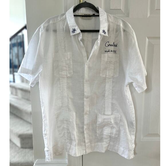 Gala Octuvre White Linen Floral Embroidered Pintuck Camp Collar Cuban Shirt - Picture 1 of 7